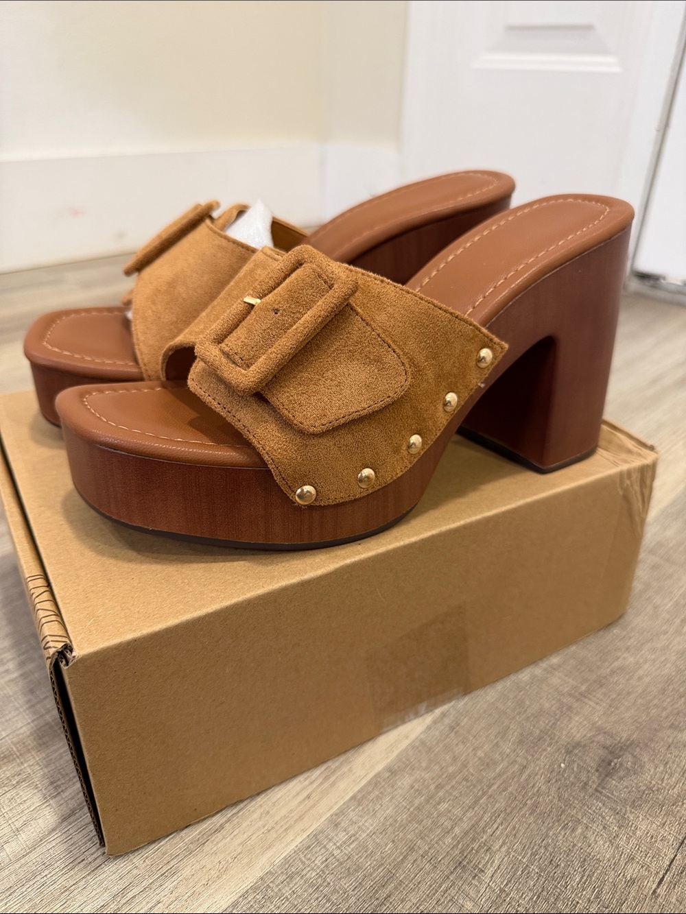 Faux Suede Platform Mule Sandals in Tan with Buckle